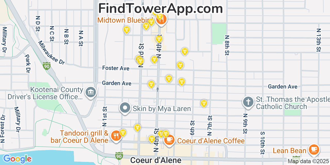 Map showing the 20 primary cell tower locations detected in Coeur dAlene, Idaho from AT&T, Verizon, and T-Mobile networks