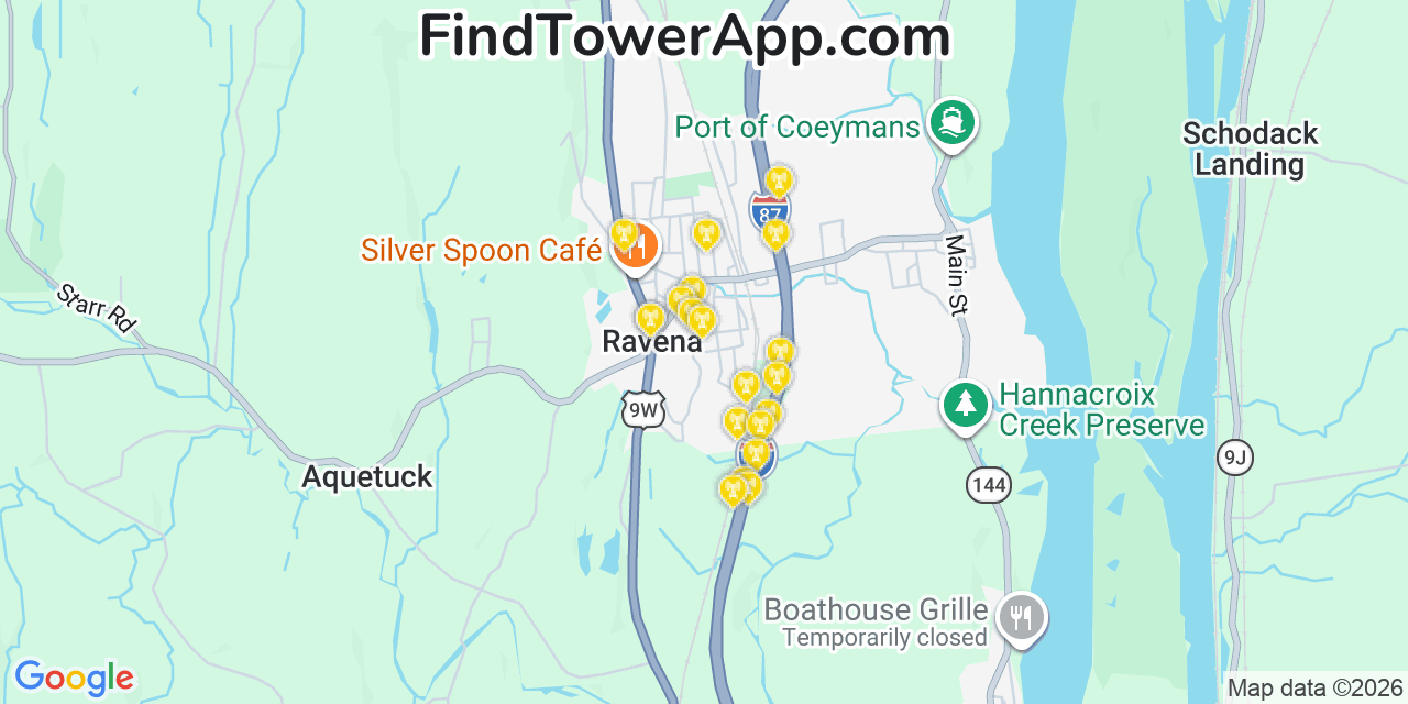 Map showing the 20 primary cell tower locations detected in Coeymans, New York from AT&T, Verizon, and T-Mobile networks