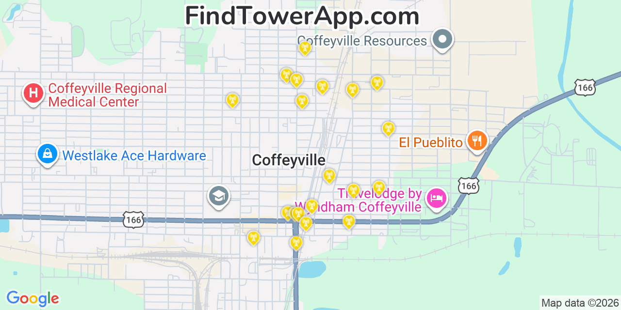 Map showing the 20 primary cell tower locations detected in Coffeyville, Kansas from AT&T, Verizon, and T-Mobile networks