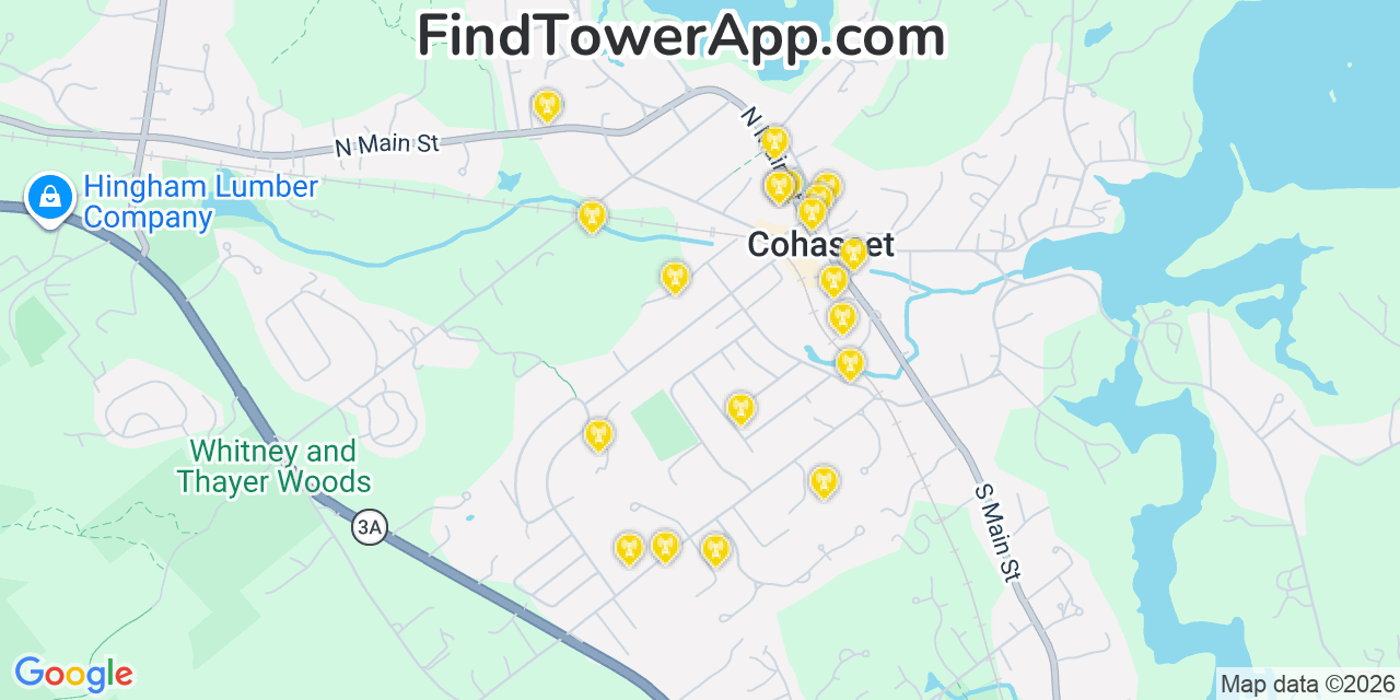 Map showing the 20 primary cell tower locations detected in Cohasset, Massachusetts from AT&T, Verizon, and T-Mobile networks