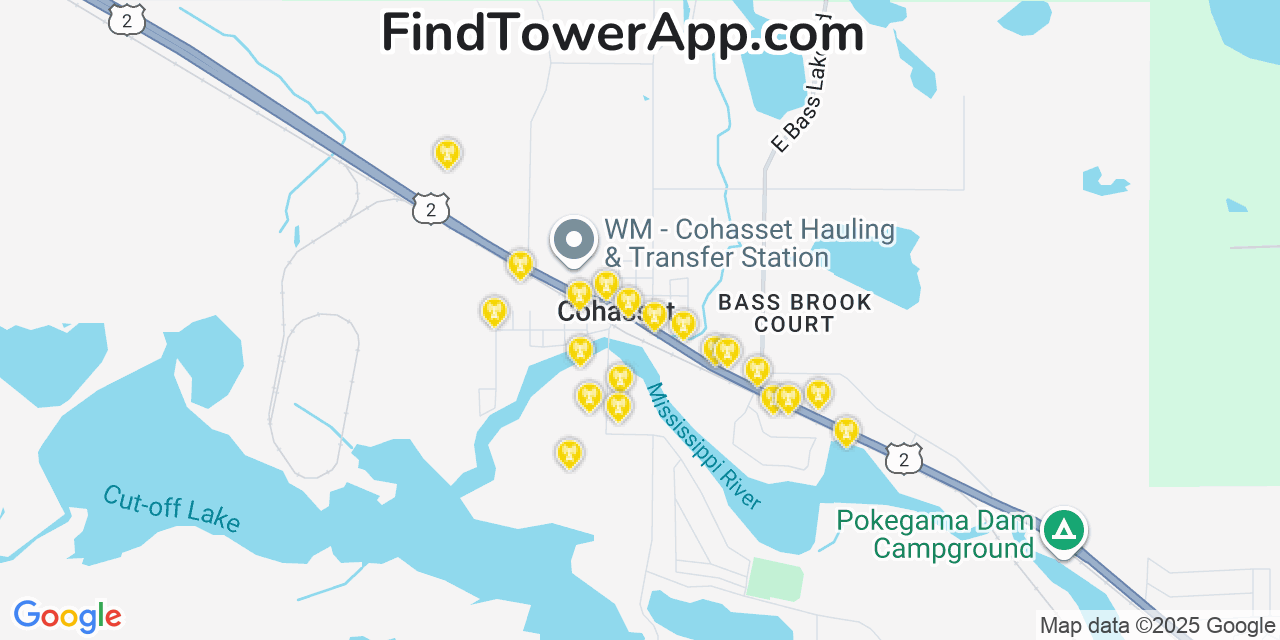 Map showing the 20 primary cell tower locations detected in Cohasset, Minnesota from AT&T, Verizon, and T-Mobile networks