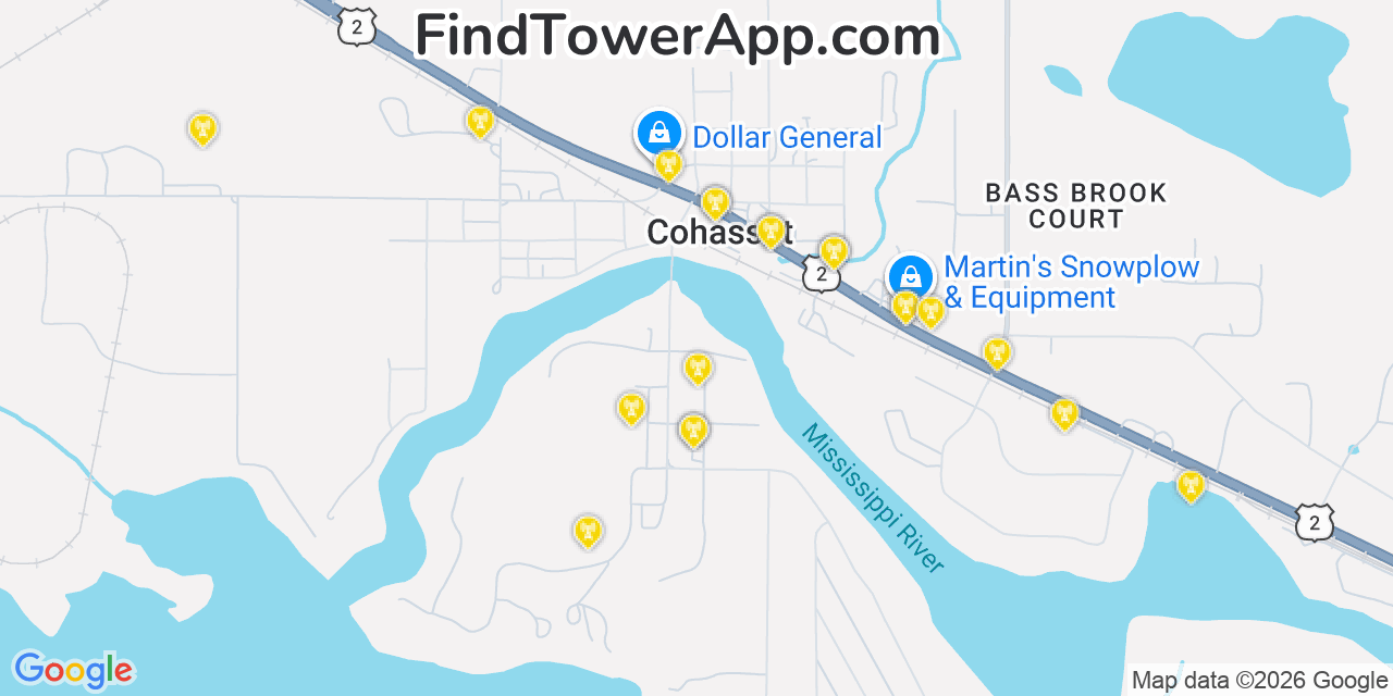 Map showing the 20 primary cell tower locations detected in Cohasset, Minnesota from AT&T, Verizon, and T-Mobile networks