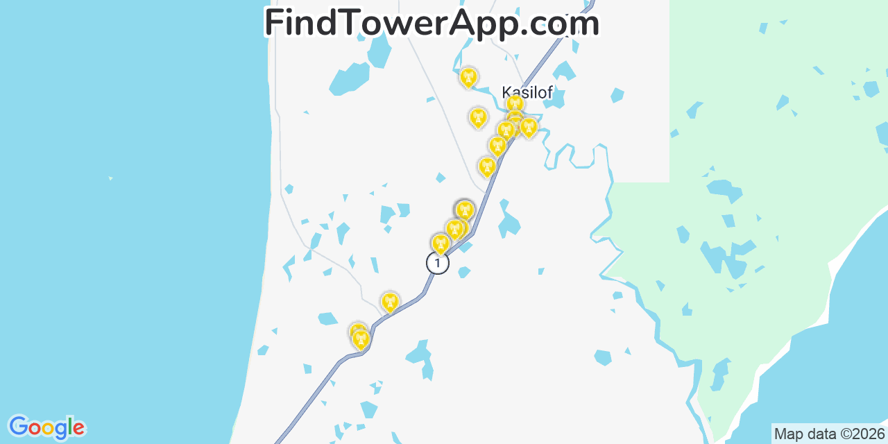 Map showing the 20 primary cell tower locations detected in Cohoe, Alaska from AT&T, Verizon, and T-Mobile networks