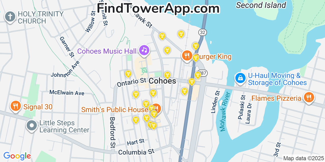 Map showing the 20 primary cell tower locations detected in Cohoes, New York from AT&T, Verizon, and T-Mobile networks