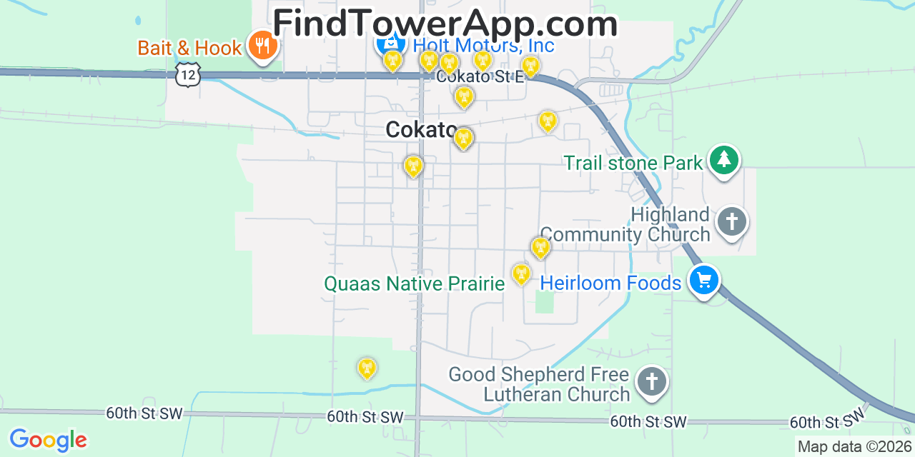 Map showing the 20 primary cell tower locations detected in Cokato, Minnesota from AT&T, Verizon, and T-Mobile networks