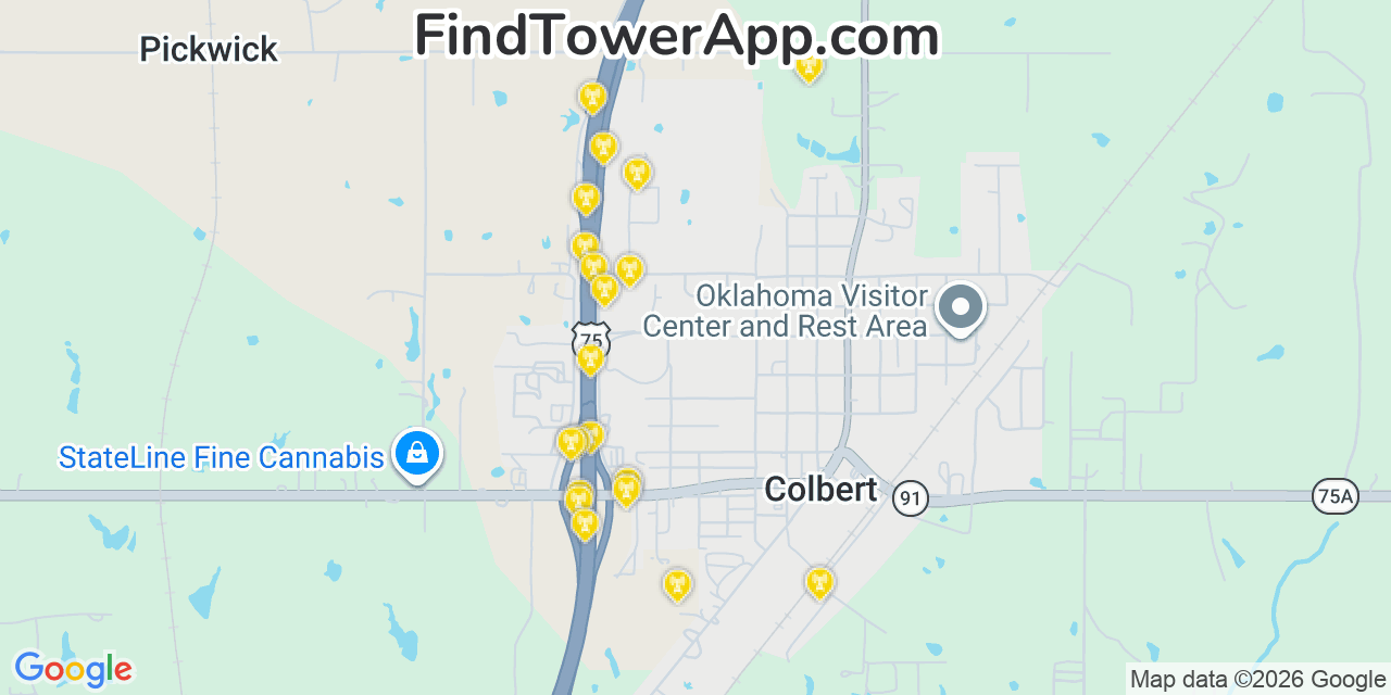 Map showing the 20 primary cell tower locations detected in Colbert, Oklahoma from AT&T, Verizon, and T-Mobile networks