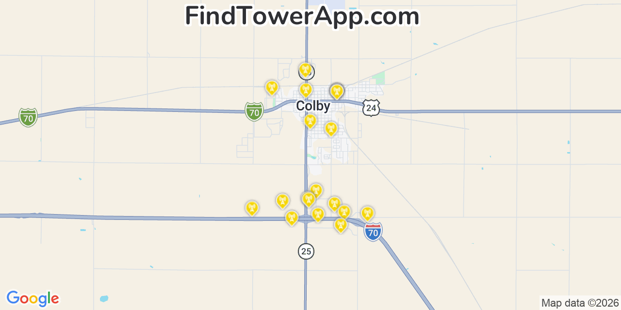 Map showing the 20 primary cell tower locations detected in Colby, Kansas from AT&T, Verizon, and T-Mobile networks