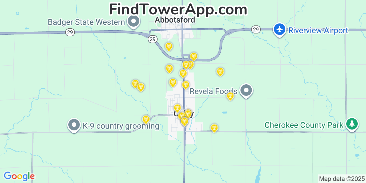Map showing the 20 primary cell tower locations detected in Colby, Wisconsin from AT&T, Verizon, and T-Mobile networks