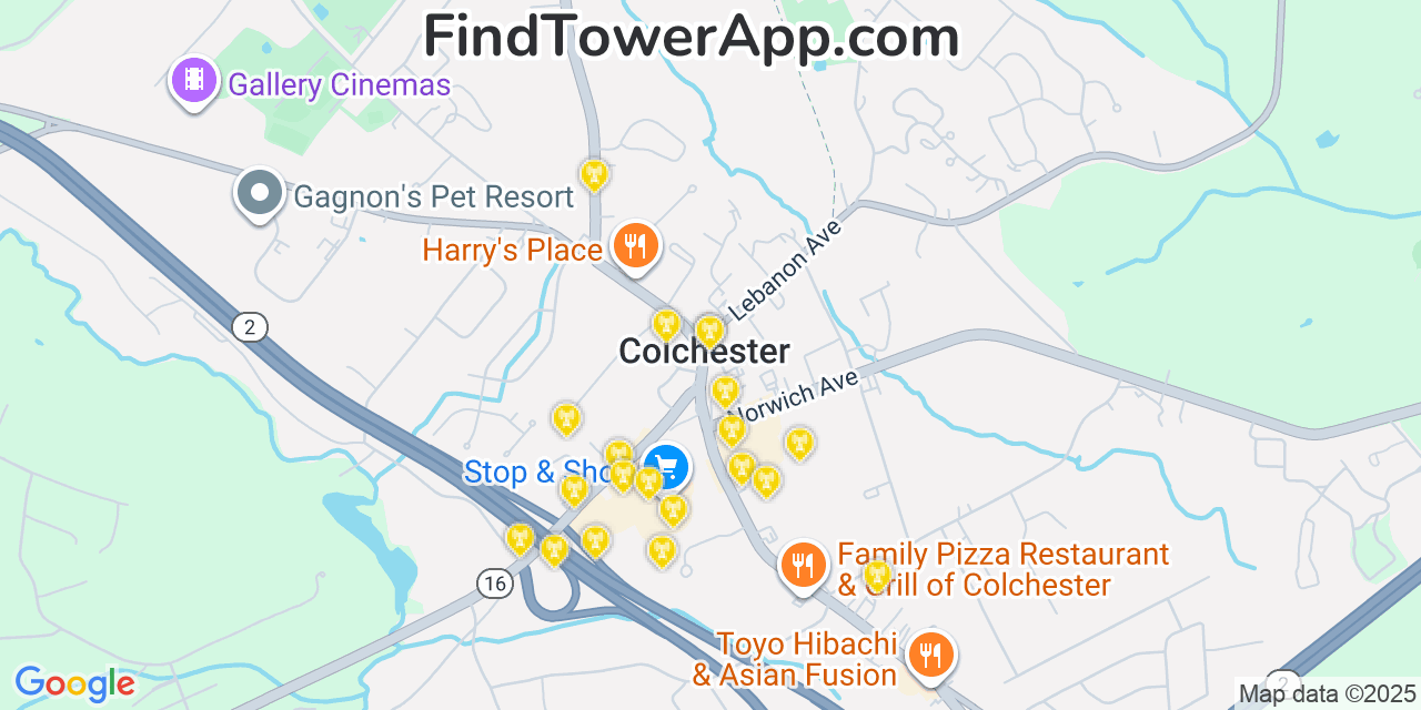 Map showing the 20 primary cell tower locations detected in Colchester, Connecticut from AT&T, Verizon, and T-Mobile networks