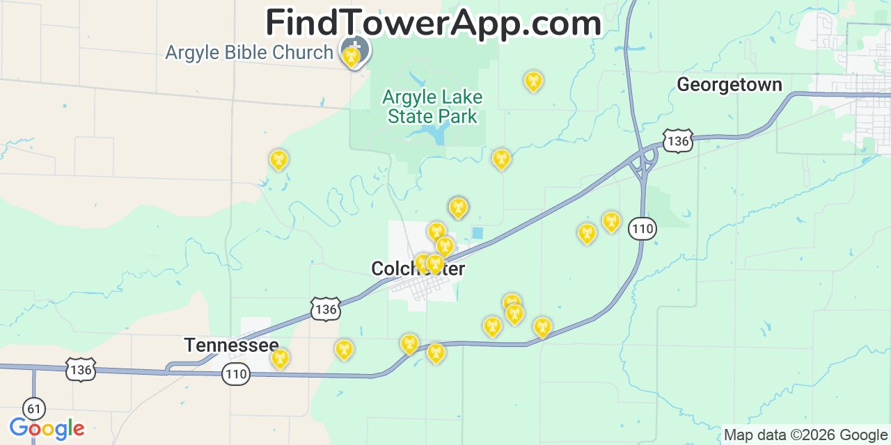 Map showing the 20 primary cell tower locations detected in Colchester, Illinois from AT&T, Verizon, and T-Mobile networks