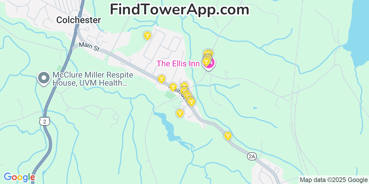 Map showing the 20 primary cell tower locations detected in Colchester, Vermont from AT&T, Verizon, and T-Mobile networks
