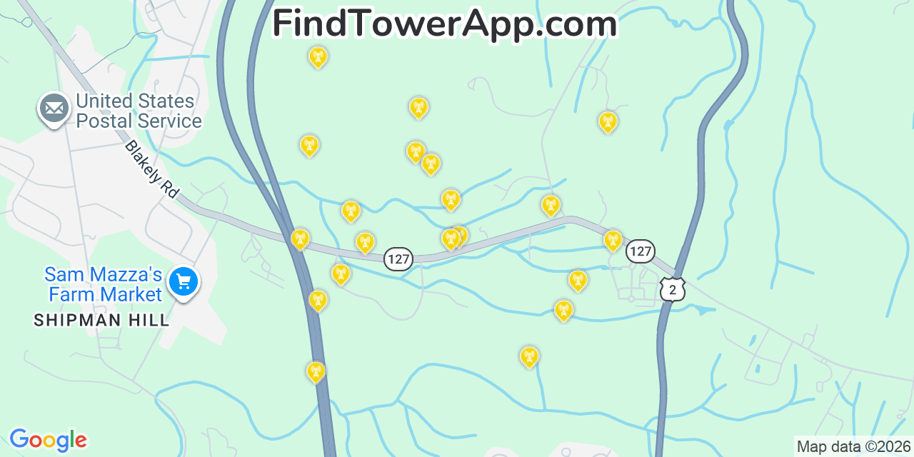 Map showing the 20 primary cell tower locations detected in Colchester, Vermont from AT&T, Verizon, and T-Mobile networks
