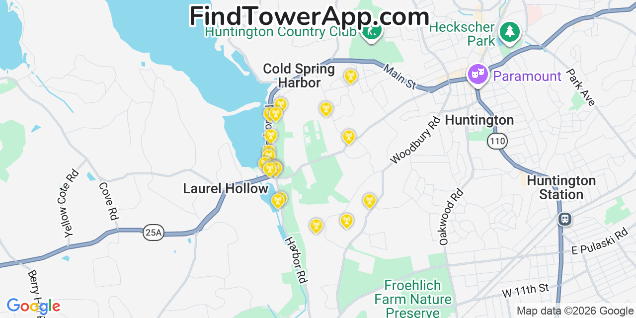 Map showing the 20 primary cell tower locations detected in Cold Spring Harbor, New York from AT&T, Verizon, and T-Mobile networks