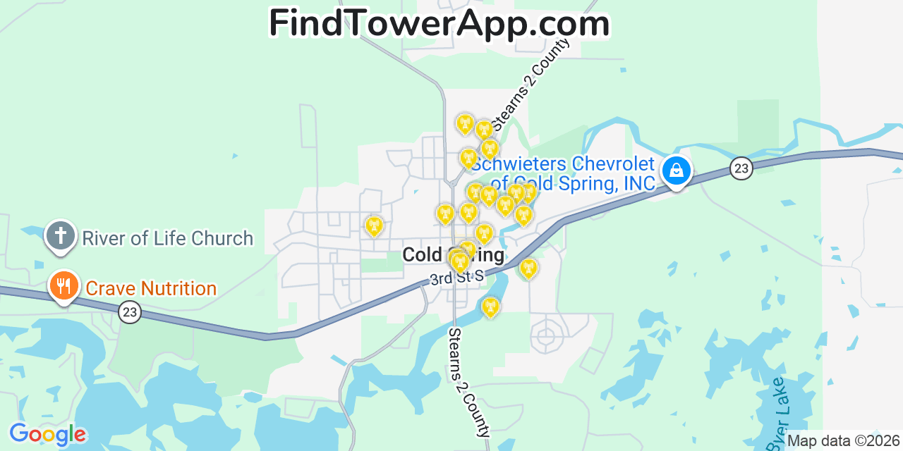 Map showing the 20 primary cell tower locations detected in Cold Spring, Minnesota from AT&T, Verizon, and T-Mobile networks