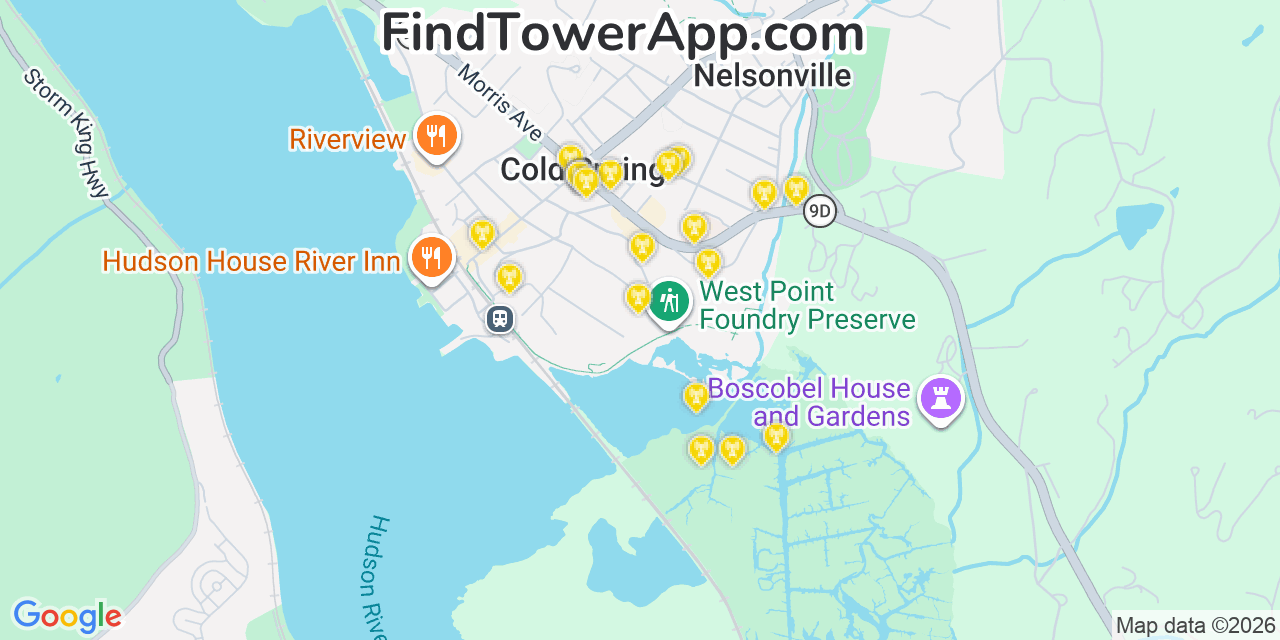 Map showing the 20 primary cell tower locations detected in Cold Spring, New York from AT&T, Verizon, and T-Mobile networks