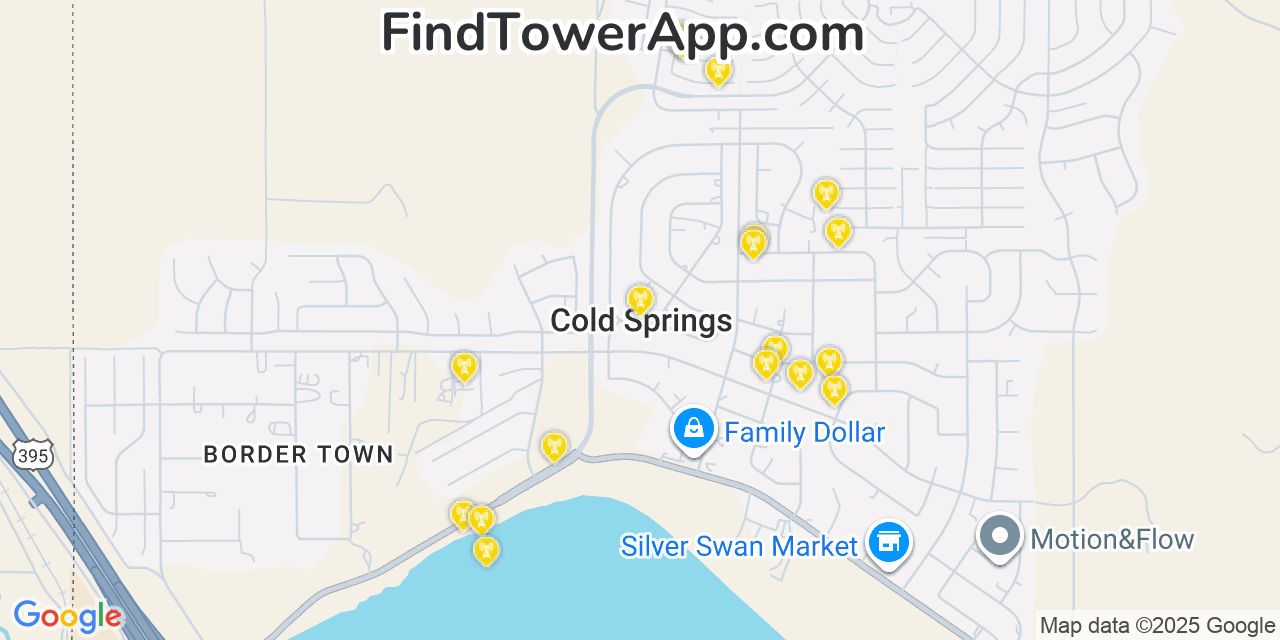 Map showing the 20 primary cell tower locations detected in Cold Springs, Nevada from AT&T, Verizon, and T-Mobile networks