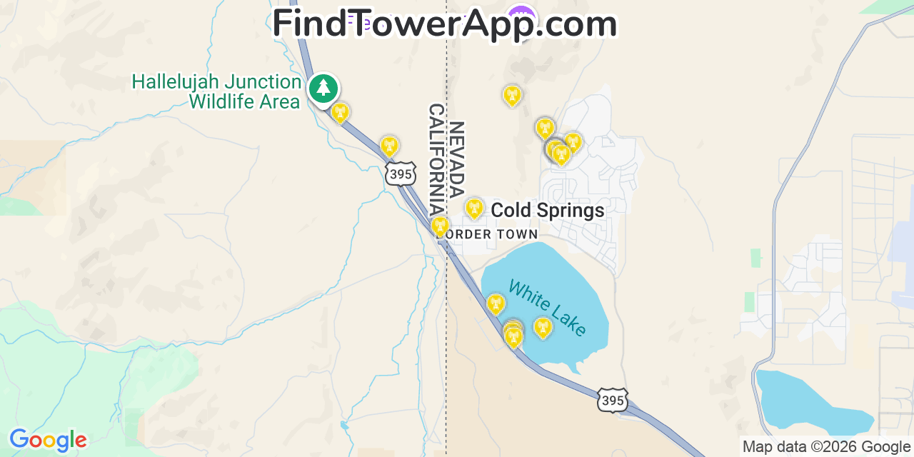 Map showing the 20 primary cell tower locations detected in Cold Springs, Nevada from AT&T, Verizon, and T-Mobile networks