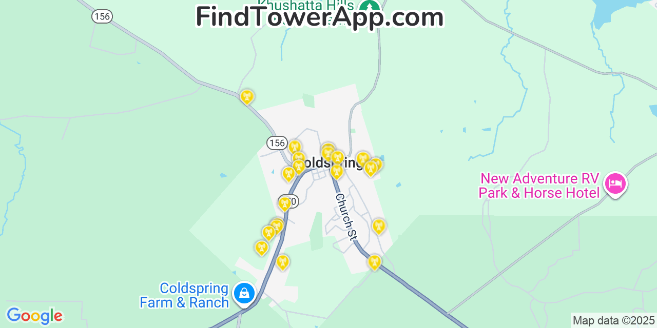 Map showing the 20 primary cell tower locations detected in Coldspring, Texas from AT&T, Verizon, and T-Mobile networks