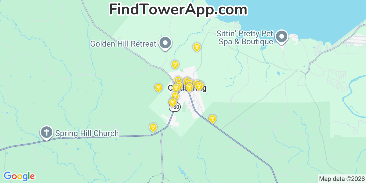 Map showing the 20 primary cell tower locations detected in Coldspring, Texas from AT&T, Verizon, and T-Mobile networks