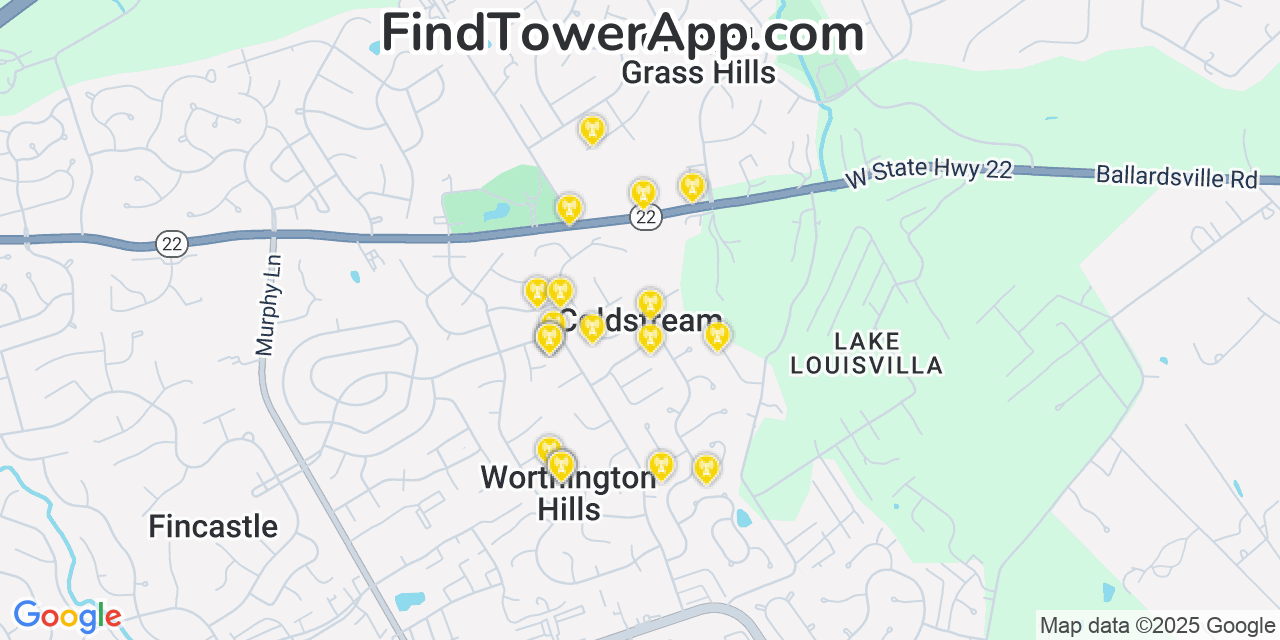 Map showing the 20 primary cell tower locations detected in Coldstream, Kentucky from AT&T, Verizon, and T-Mobile networks