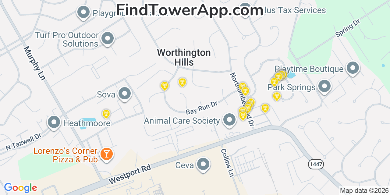 Map showing the 20 primary cell tower locations detected in Coldstream, Kentucky from AT&T, Verizon, and T-Mobile networks