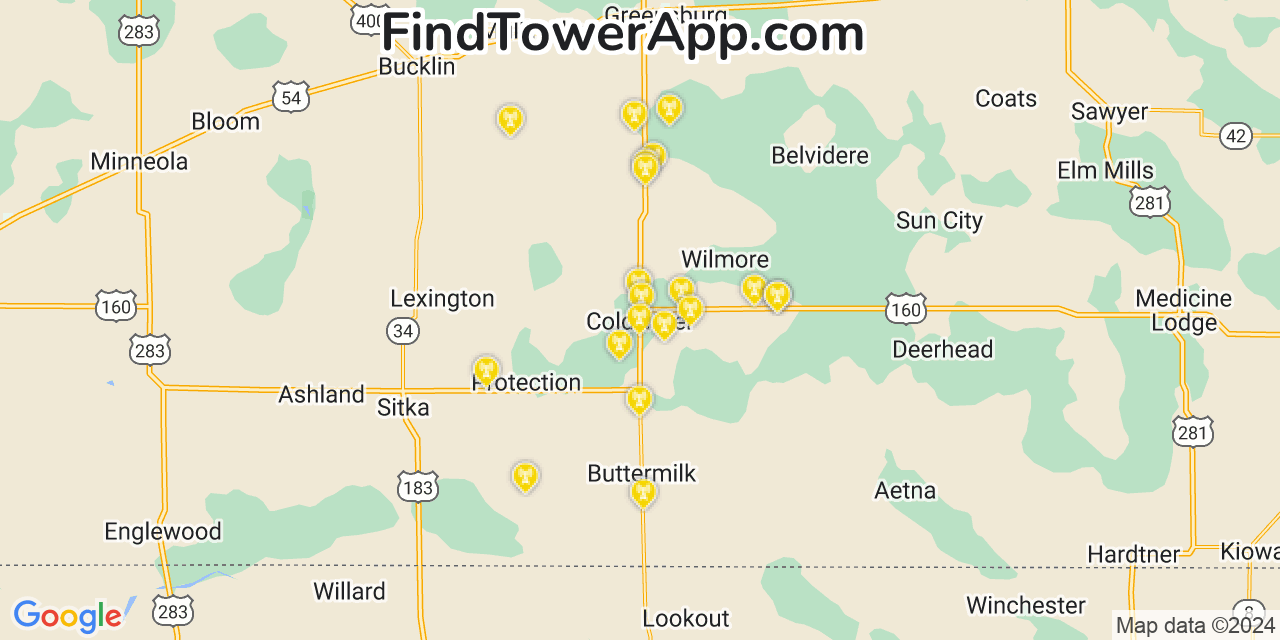 AT&T 4G/5G cell tower coverage map Coldwater, Kansas