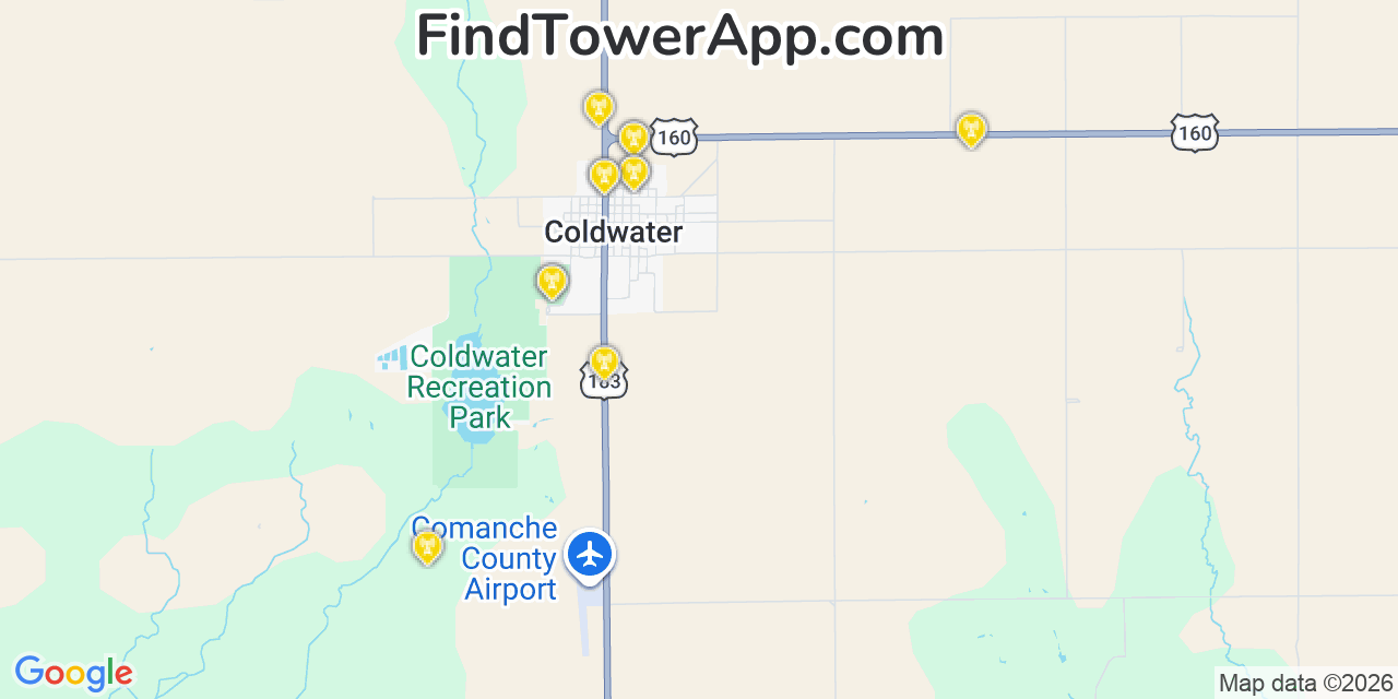 Map showing the 20 primary cell tower locations detected in Coldwater, Kansas from AT&T, Verizon, and T-Mobile networks