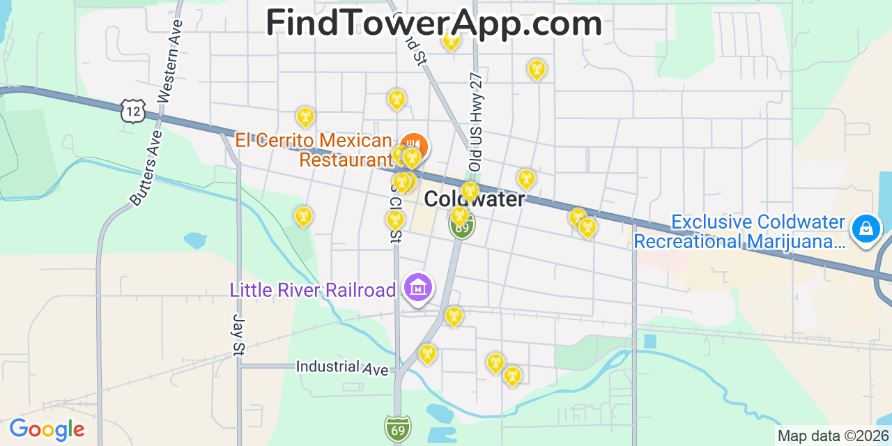 Map showing the 20 primary cell tower locations detected in Coldwater, Michigan from AT&T, Verizon, and T-Mobile networks