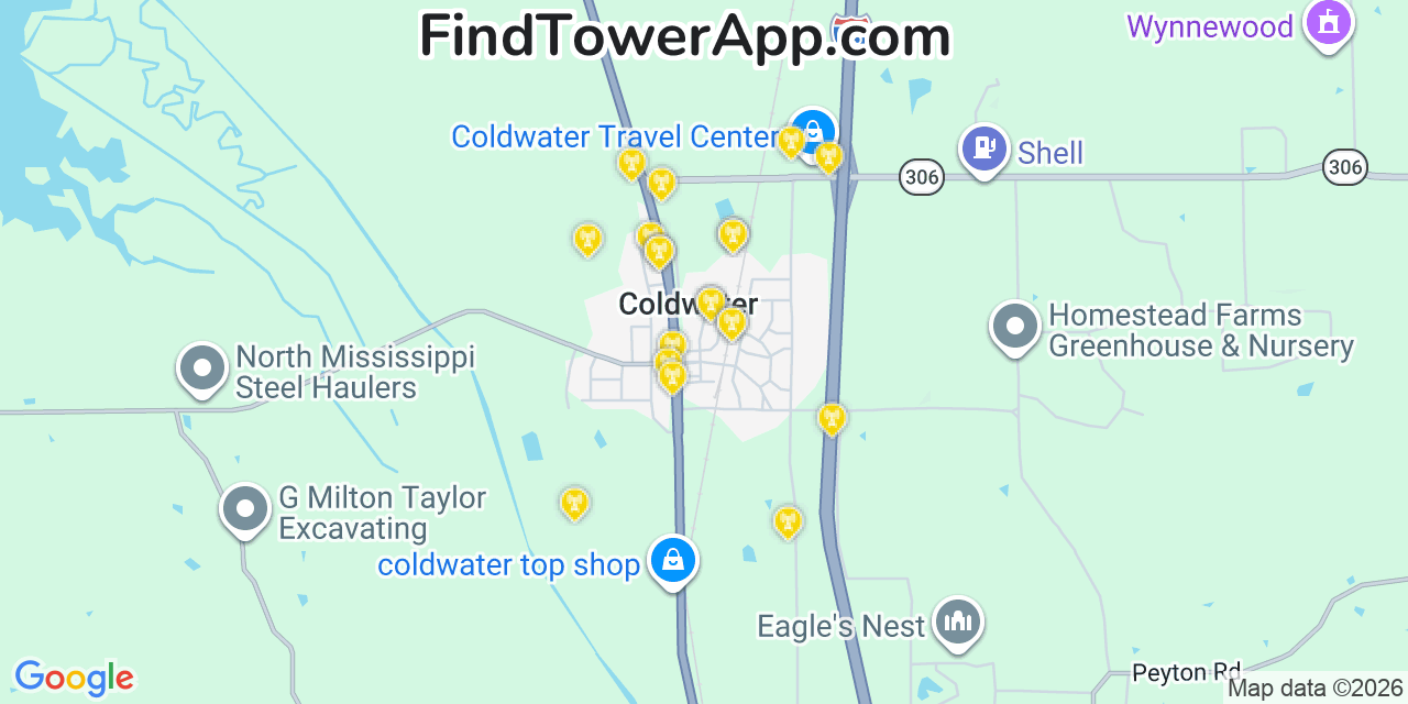 Map showing the 20 primary cell tower locations detected in Coldwater, Mississippi from AT&T, Verizon, and T-Mobile networks
