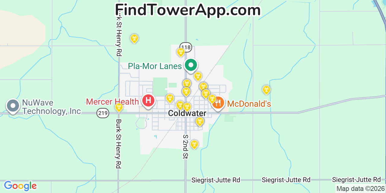 Map showing the 20 primary cell tower locations detected in Coldwater, Ohio from AT&T, Verizon, and T-Mobile networks