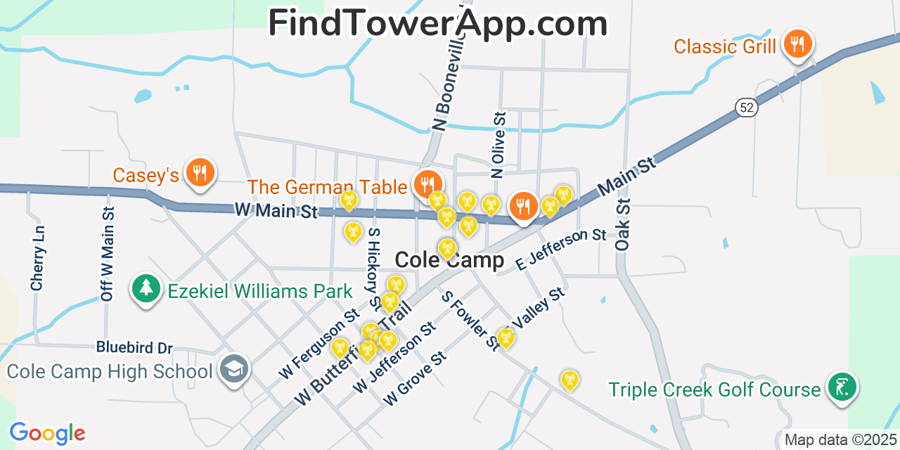 Map showing the 20 primary cell tower locations detected in Cole Camp, Missouri from AT&T, Verizon, and T-Mobile networks