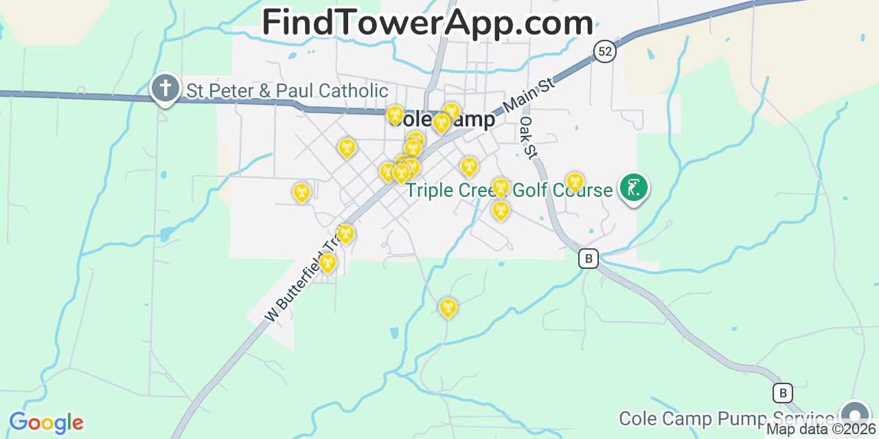 Map showing the 20 primary cell tower locations detected in Cole Camp, Missouri from AT&T, Verizon, and T-Mobile networks