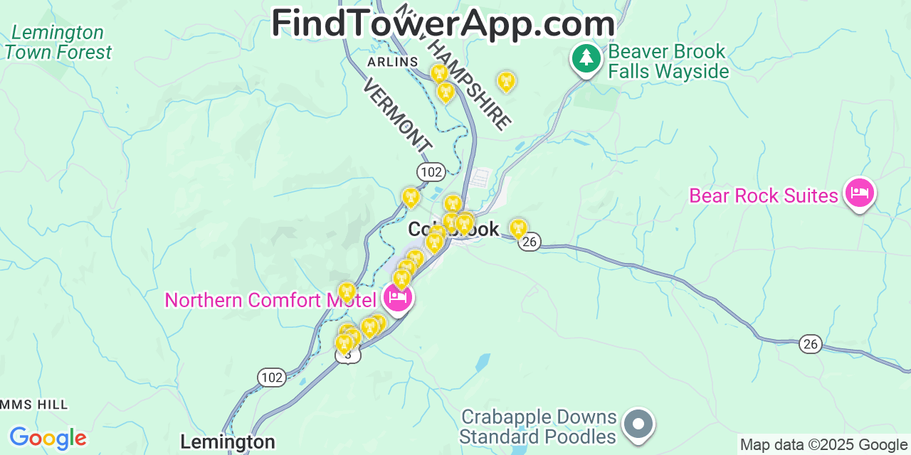 Map showing the 20 primary cell tower locations detected in Colebrook, New Hampshire from AT&T, Verizon, and T-Mobile networks