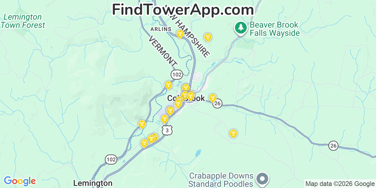 Map showing the 20 primary cell tower locations detected in Colebrook, New Hampshire from AT&T, Verizon, and T-Mobile networks