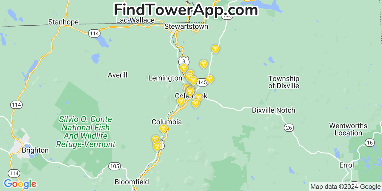 Verizon 4G/5G cell tower coverage map Colebrook, New Hampshire