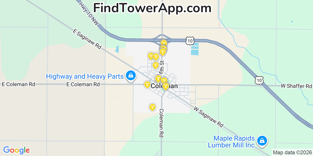 Map showing the 20 primary cell tower locations detected in Coleman, Michigan from AT&T, Verizon, and T-Mobile networks