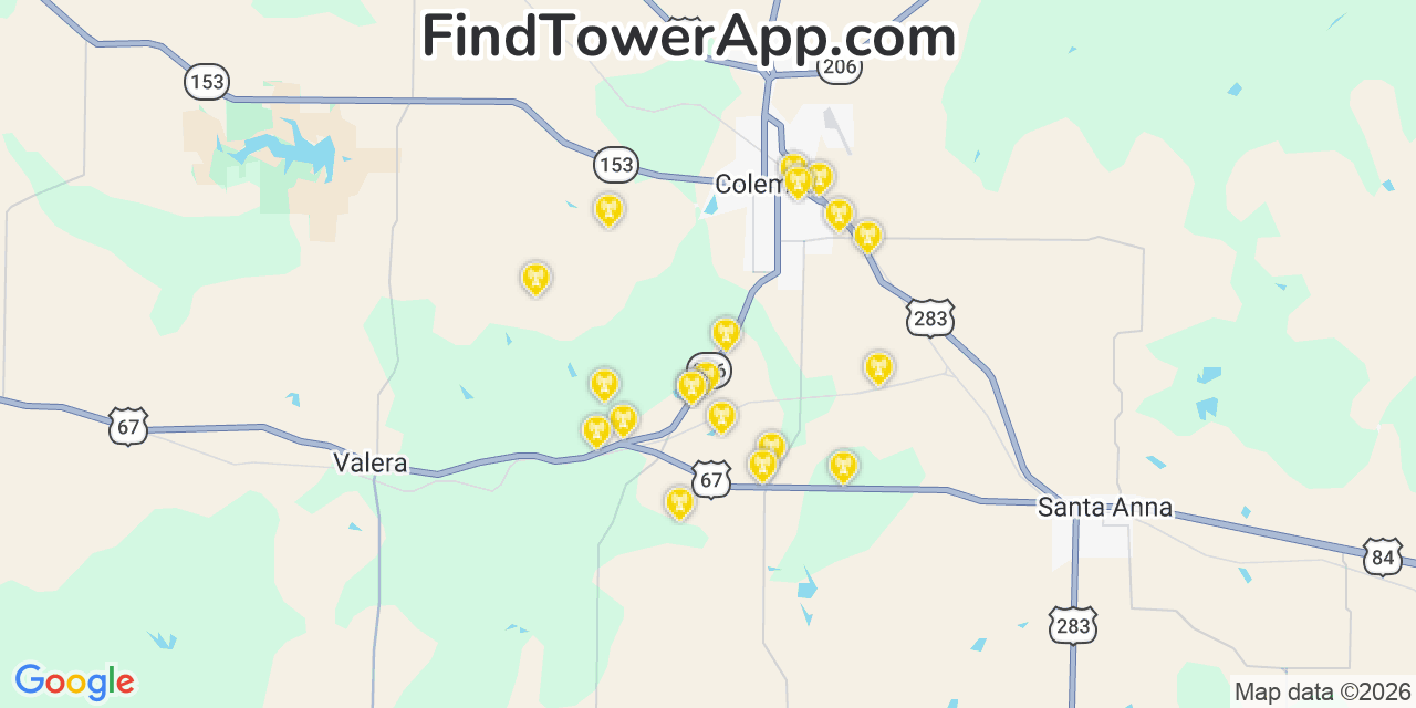 Map showing the 20 primary cell tower locations detected in Coleman, Texas from AT&T, Verizon, and T-Mobile networks