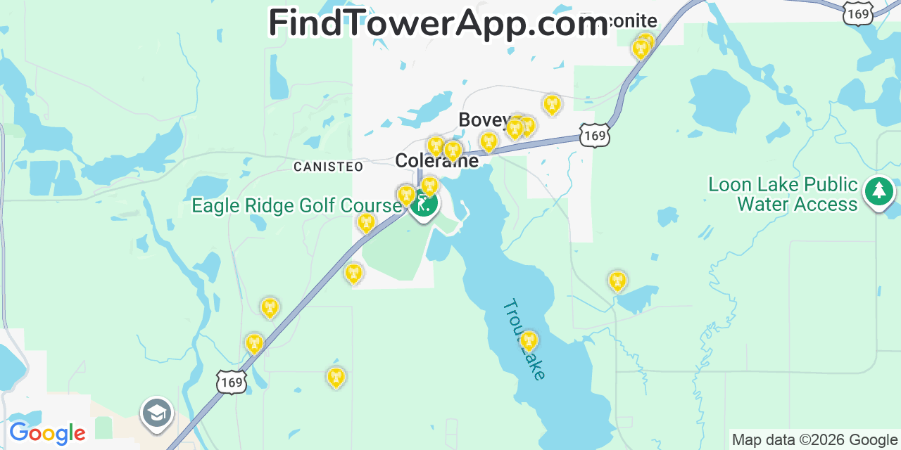 Map showing the 20 primary cell tower locations detected in Coleraine, Minnesota from AT&T, Verizon, and T-Mobile networks
