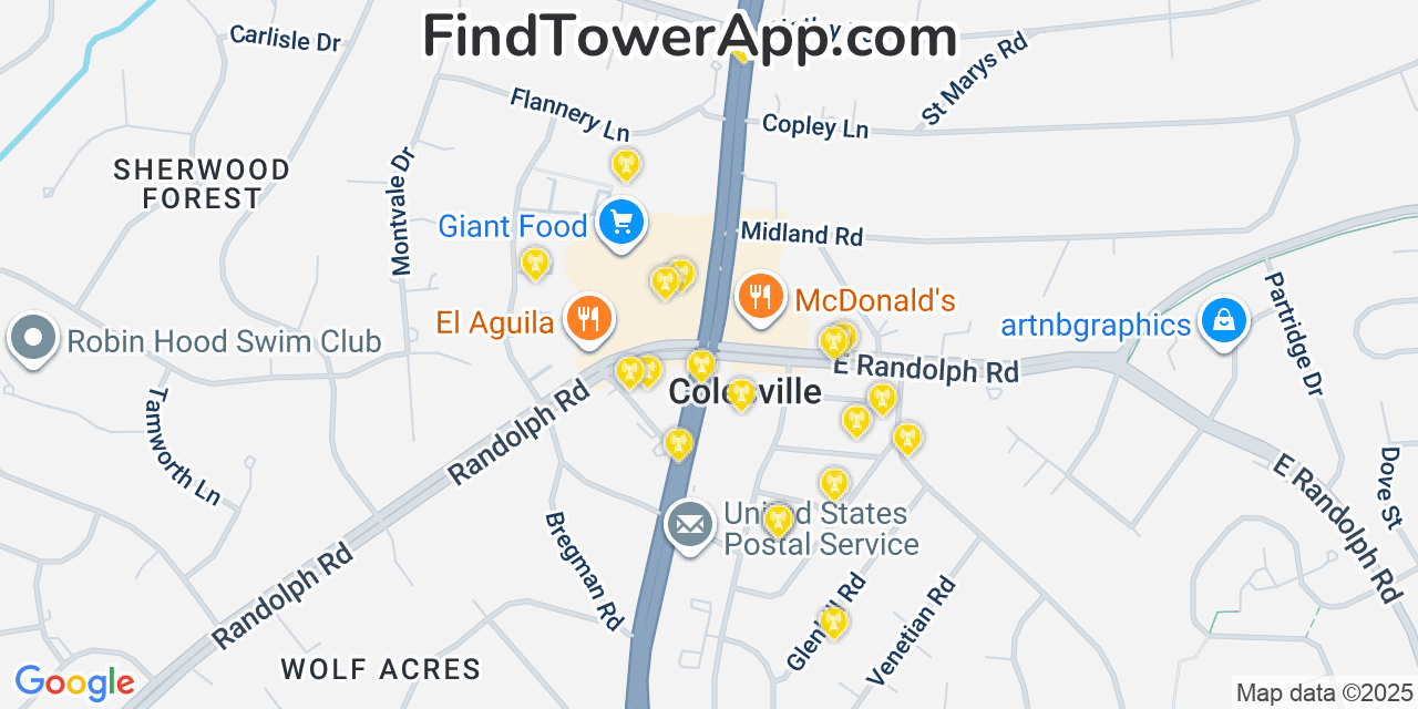 Map showing the 20 primary cell tower locations detected in Colesville, Maryland from AT&T, Verizon, and T-Mobile networks