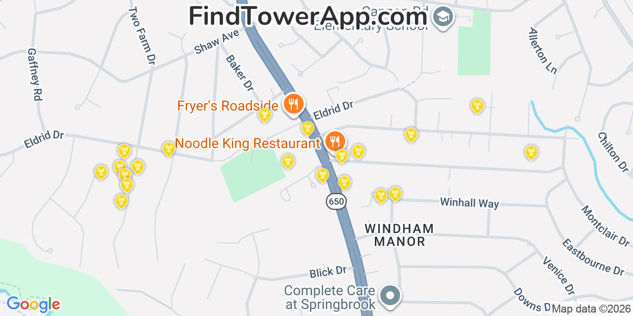 Map showing the 20 primary cell tower locations detected in Colesville, Maryland from AT&T, Verizon, and T-Mobile networks