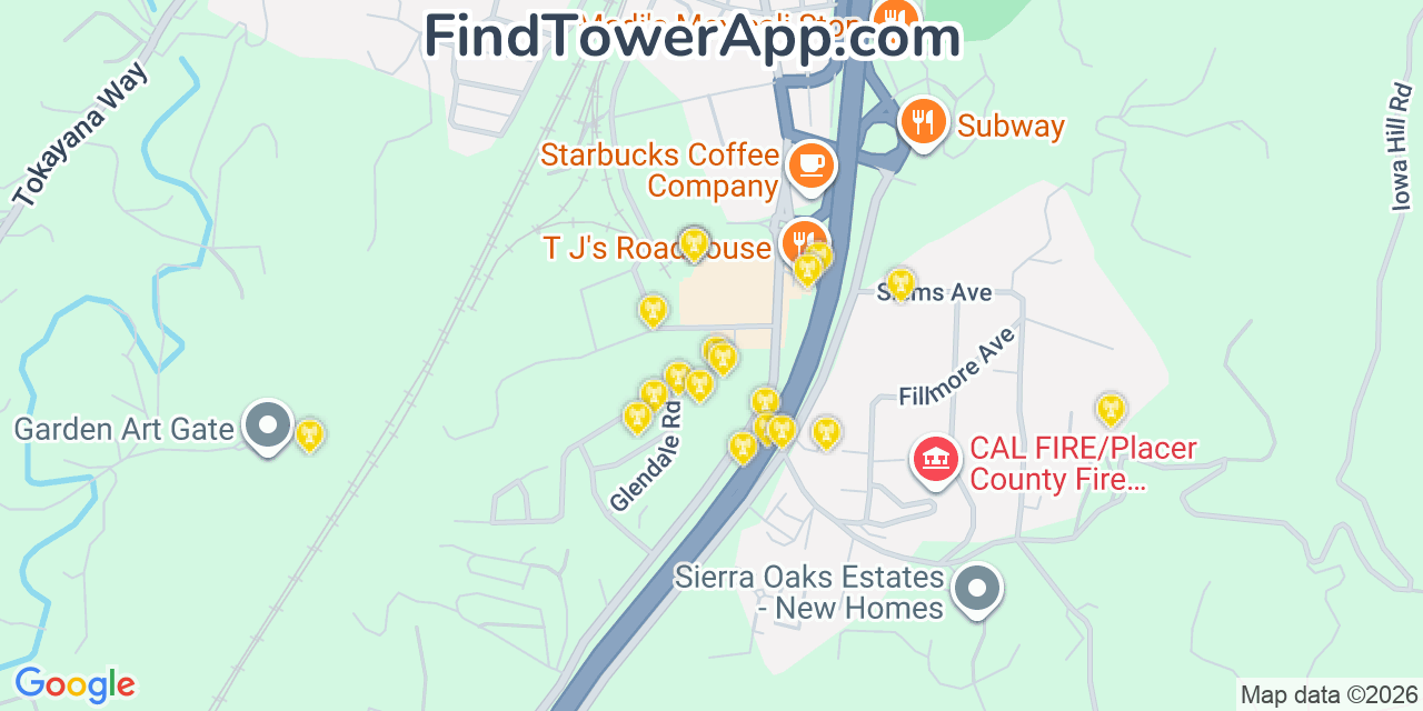 Map showing the 20 primary cell tower locations detected in Colfax, California from AT&T, Verizon, and T-Mobile networks