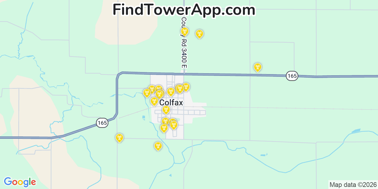 Map showing the 20 primary cell tower locations detected in Colfax, Illinois from AT&T, Verizon, and T-Mobile networks