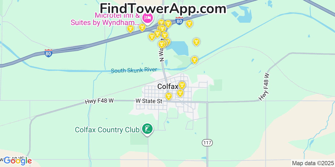 Map showing the 20 primary cell tower locations detected in Colfax, Iowa from AT&T, Verizon, and T-Mobile networks