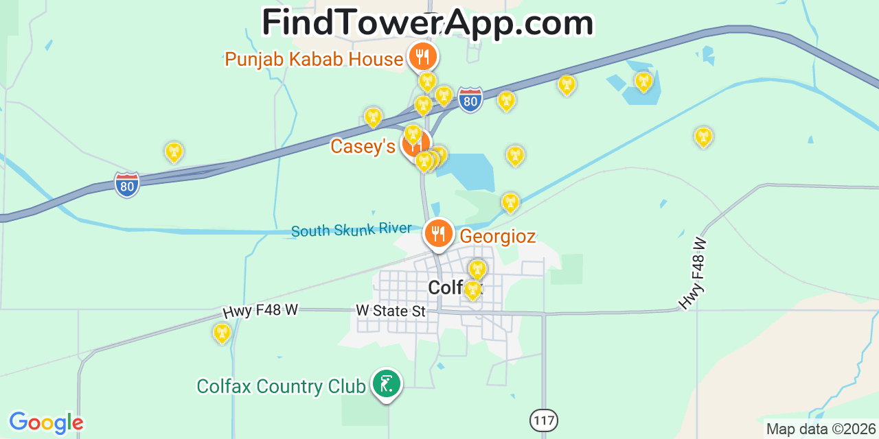 Map showing the 20 primary cell tower locations detected in Colfax, Iowa from AT&T, Verizon, and T-Mobile networks