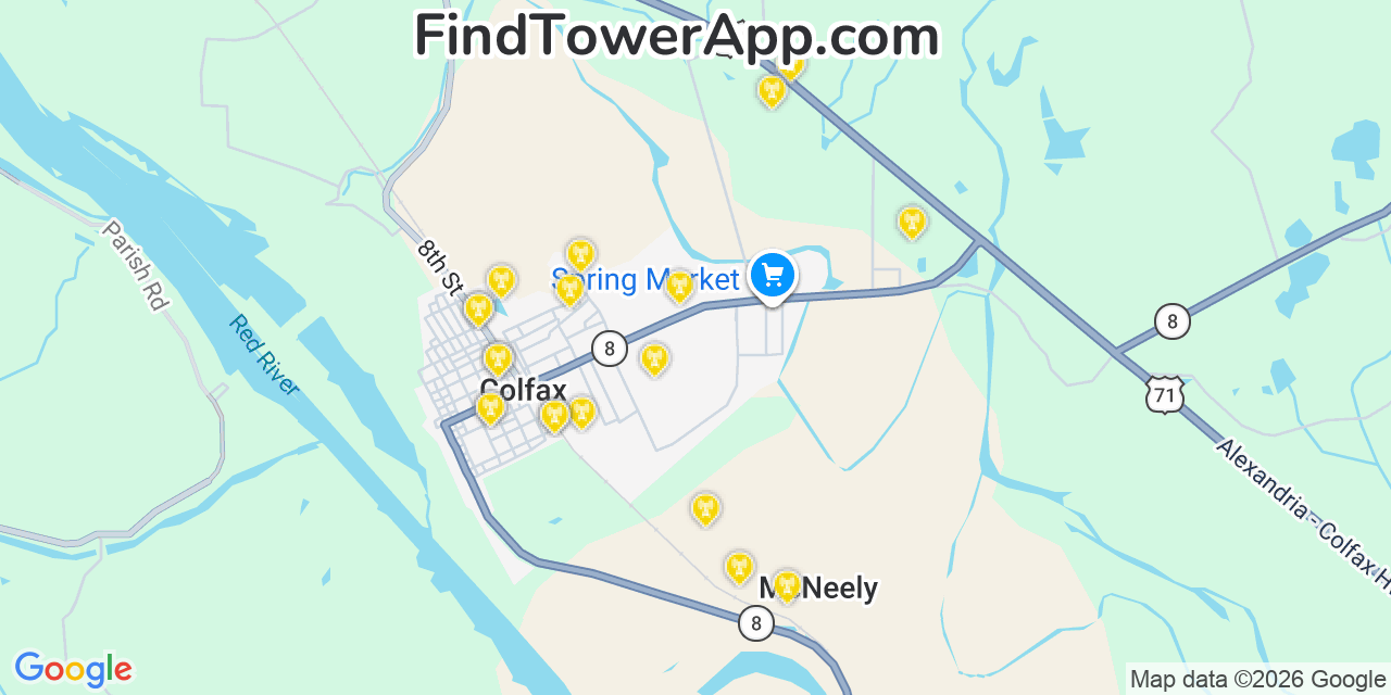 Map showing the 20 primary cell tower locations detected in Colfax, Louisiana from AT&T, Verizon, and T-Mobile networks