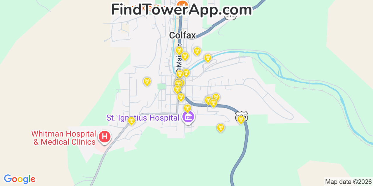 Map showing the 20 primary cell tower locations detected in Colfax, Washington from AT&T, Verizon, and T-Mobile networks