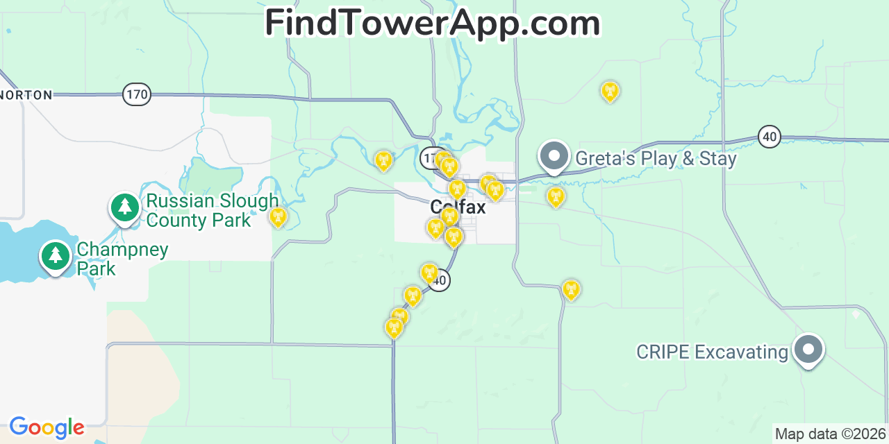 Map showing the 20 primary cell tower locations detected in Colfax, Wisconsin from AT&T, Verizon, and T-Mobile networks