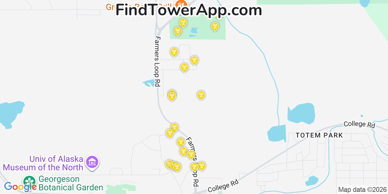 Map showing the 20 primary cell tower locations detected in College, Alaska from AT&T, Verizon, and T-Mobile networks