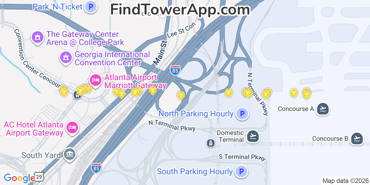 Map showing the 20 primary cell tower locations detected in College Park, Georgia from AT&T, Verizon, and T-Mobile networks