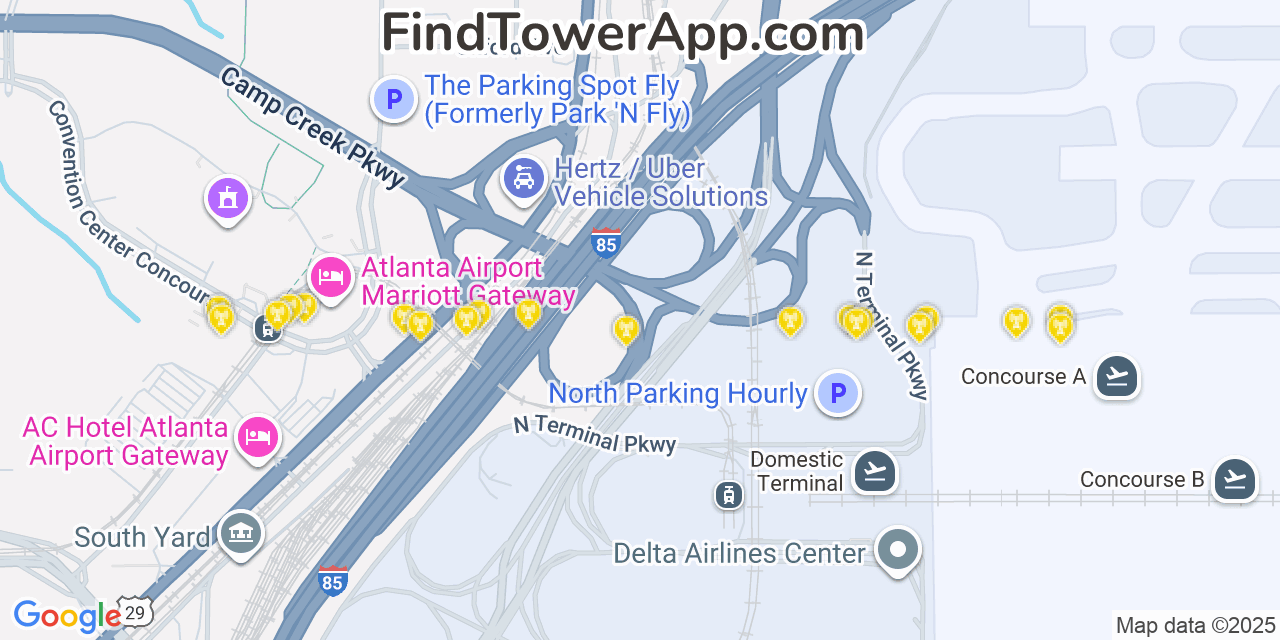 Map showing the 20 primary Mobitel cell tower locations detected in College Park, Georgia with coverage radius and signal strength indicators